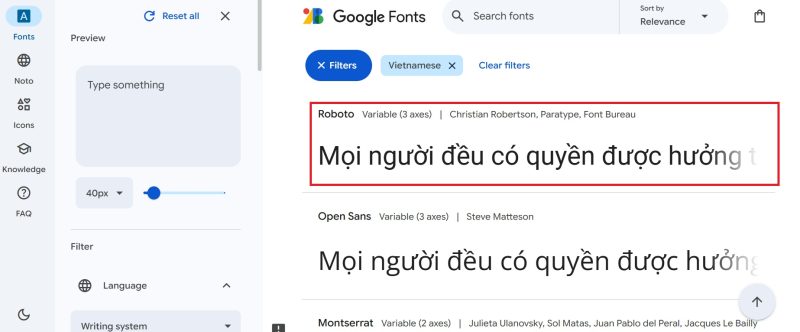Công cụ fonts của google
