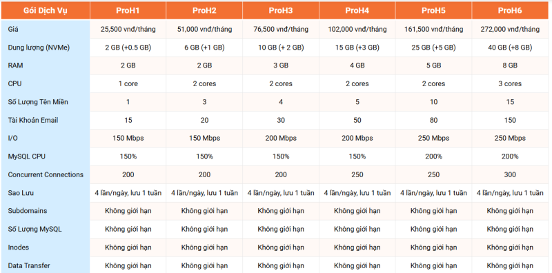bang gia hosting nvme tại vinahost